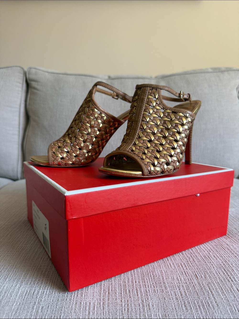 Coach Woven Metallic Gold Brown Peep-Toe Slingback Heels